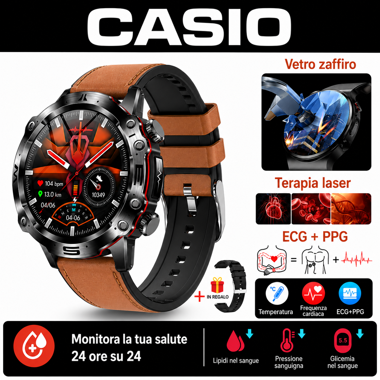 CASIO Smartwatch AMOLED – Monitoraggio della glicemia, chiamate Bluetooth, oltre 100 modalità sportive