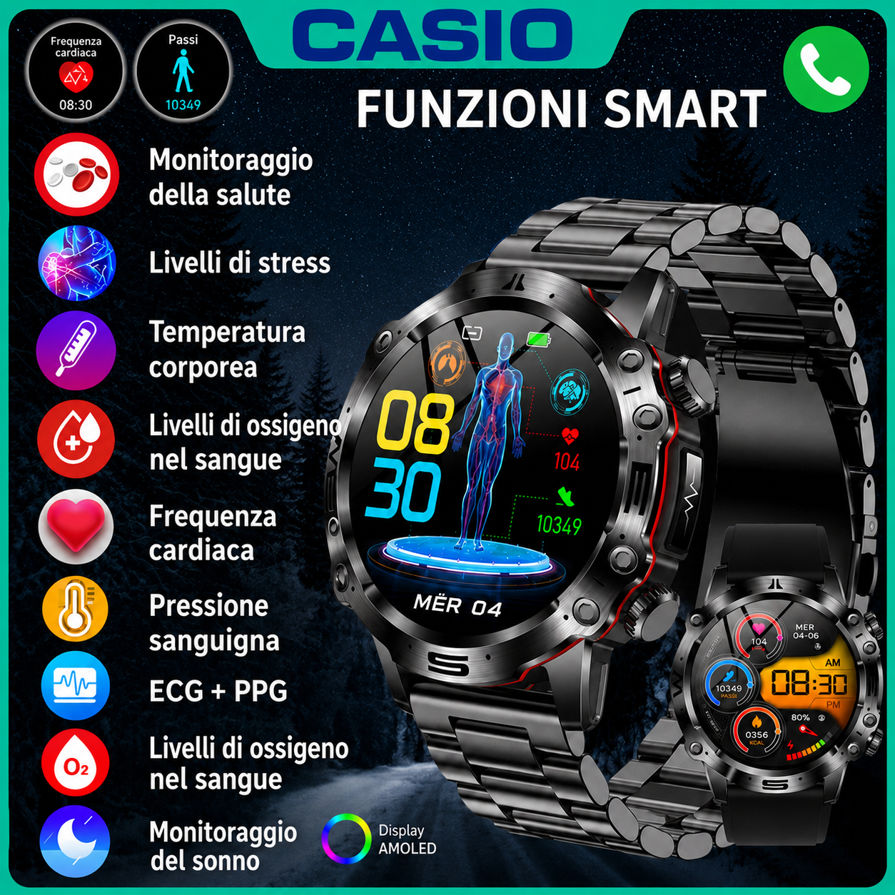 CASIO Smartwatch AMOLED – Monitoraggio della glicemia, chiamate Bluetooth, oltre 100 modalità sportive