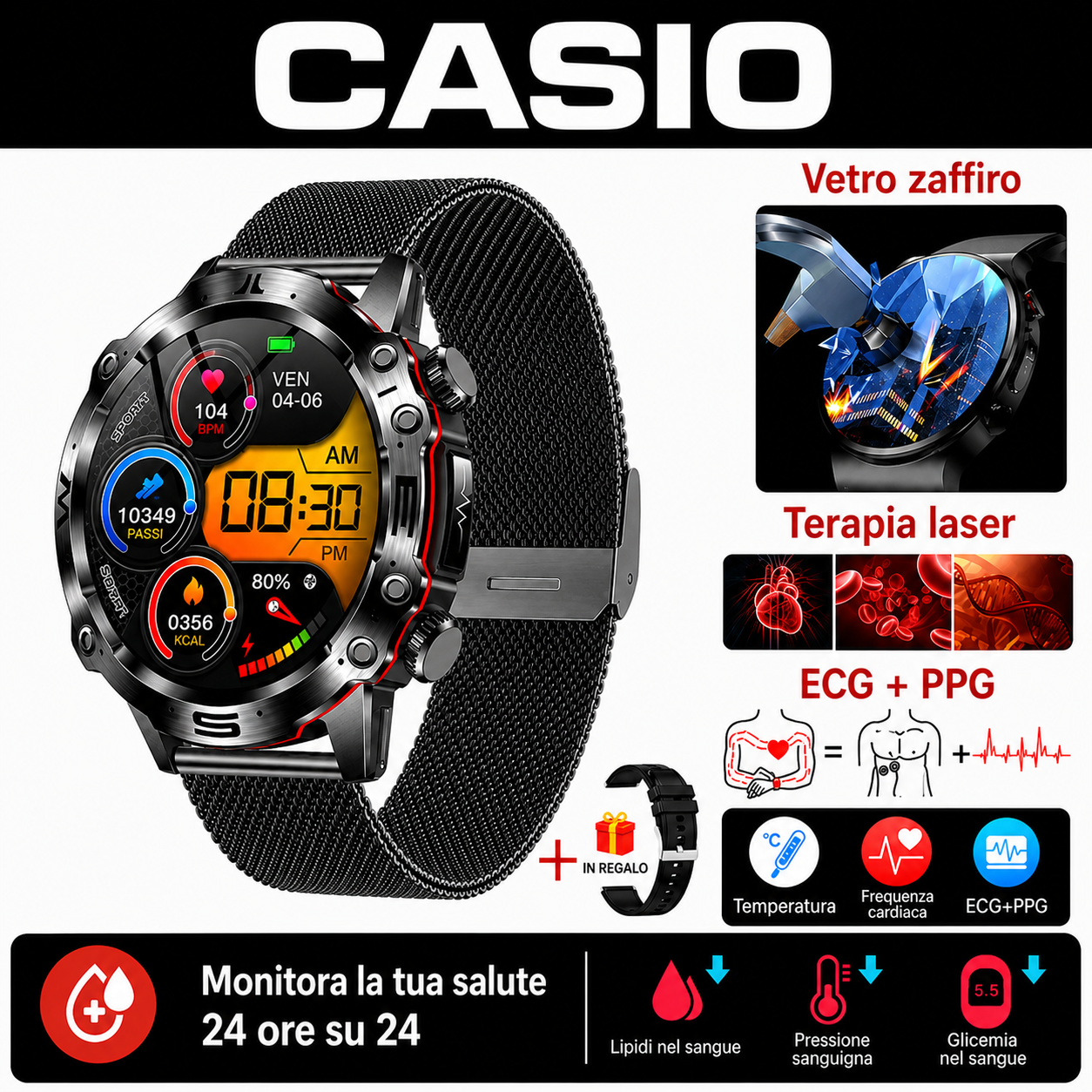 CASIO Smartwatch AMOLED – Monitoraggio della glicemia, chiamate Bluetooth, oltre 100 modalità sportive