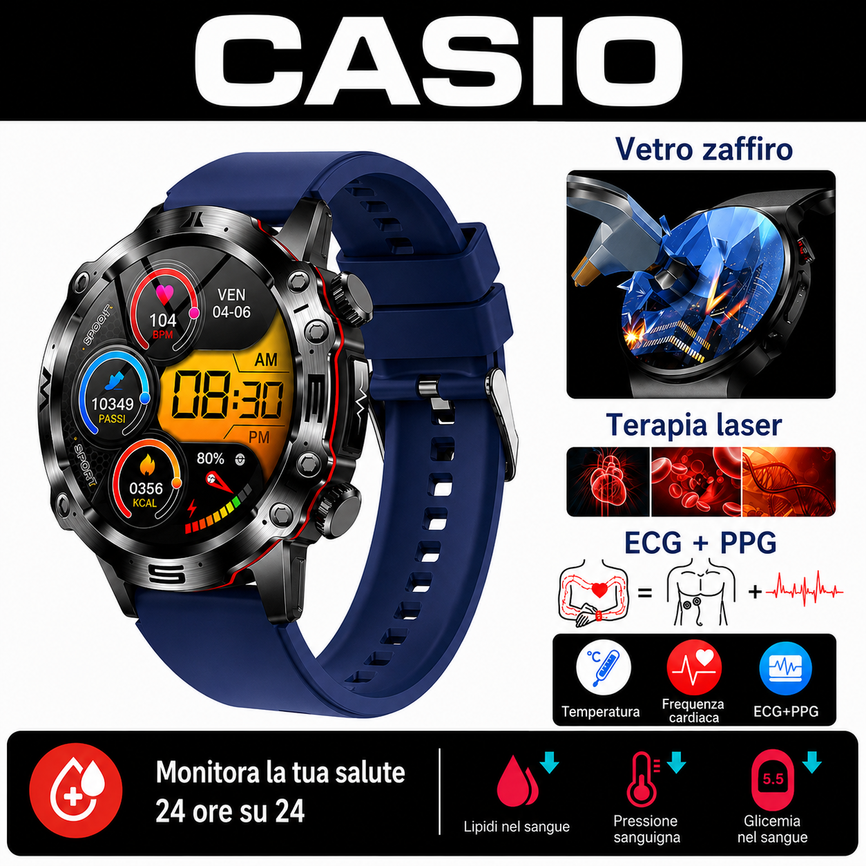 CASIO Smartwatch AMOLED – Monitoraggio della glicemia, chiamate Bluetooth, oltre 100 modalità sportive