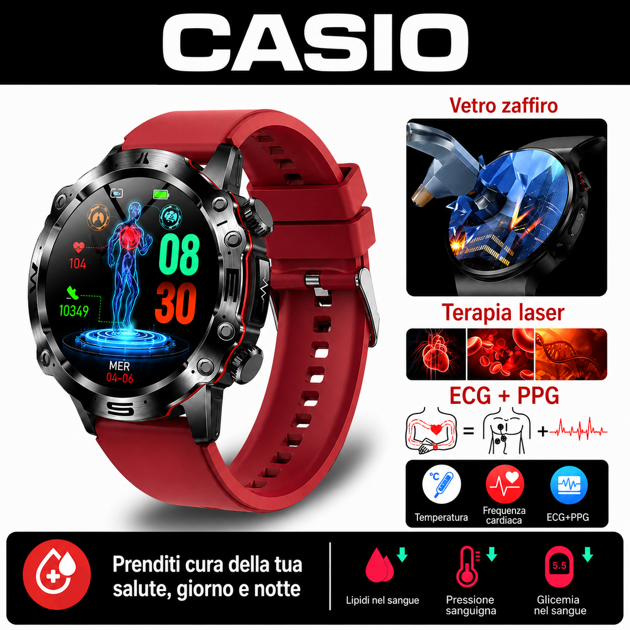 CASIO Smartwatch AMOLED – Monitoraggio della glicemia, chiamate Bluetooth, oltre 100 modalità sportive