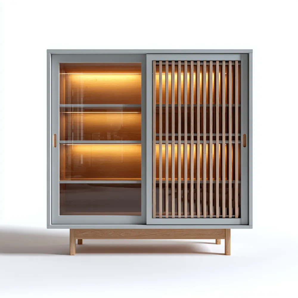 Armadio espositivo con porte scorrevoli in vetro e legno 120x45x160 cm – Grigio/Naturale – Design moderno