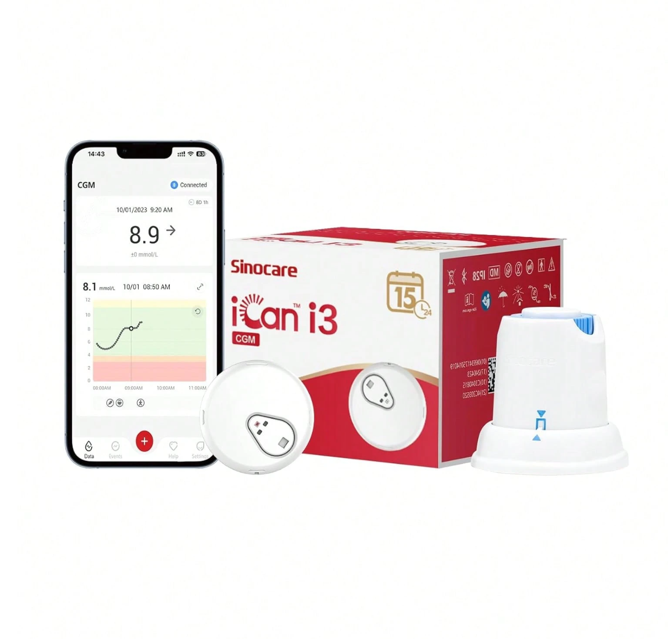 Sinocare 2 pezzi, sistema di monitoraggio continuo del glucosio per 15 giorni, ICan CGM
