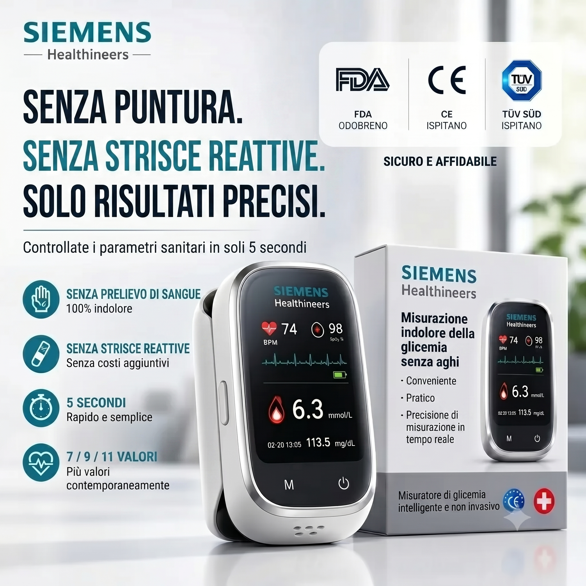 🩸Siemens™ 11-in-1 Misuratore di Glicemia Senza Ago  Senza Puntura • Senza Strisce Reattive • Risultati in soli 5 secondi
