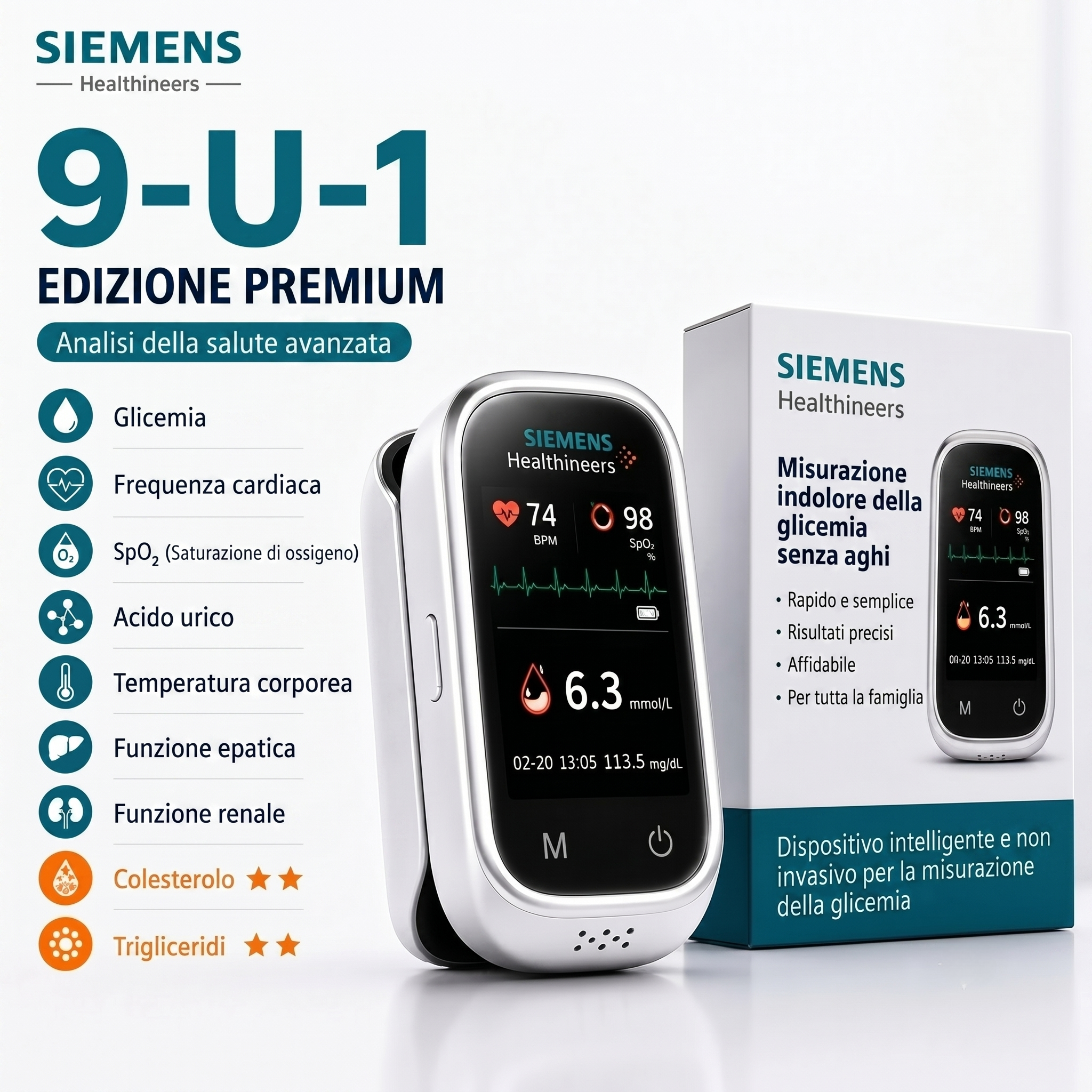 🩸Siemens™ 11-in-1 Misuratore di Glicemia Senza Ago  Senza Puntura • Senza Strisce Reattive • Risultati in soli 5 secondi