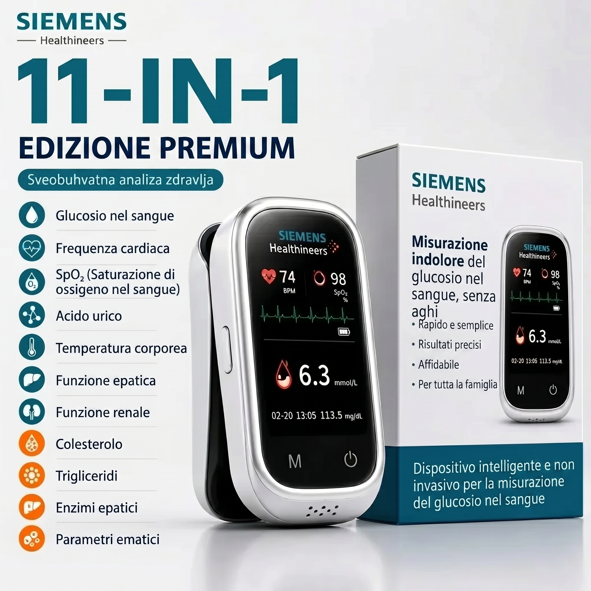 🩸Siemens™ 11-in-1 Misuratore di Glicemia Senza Ago  Senza Puntura • Senza Strisce Reattive • Risultati in soli 5 secondi