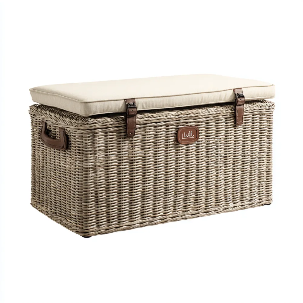 Rattan Aufbewahrungsbox mit Sitzkissen 90x50x45 cm – Beige – Landhausstil-Stylalivo