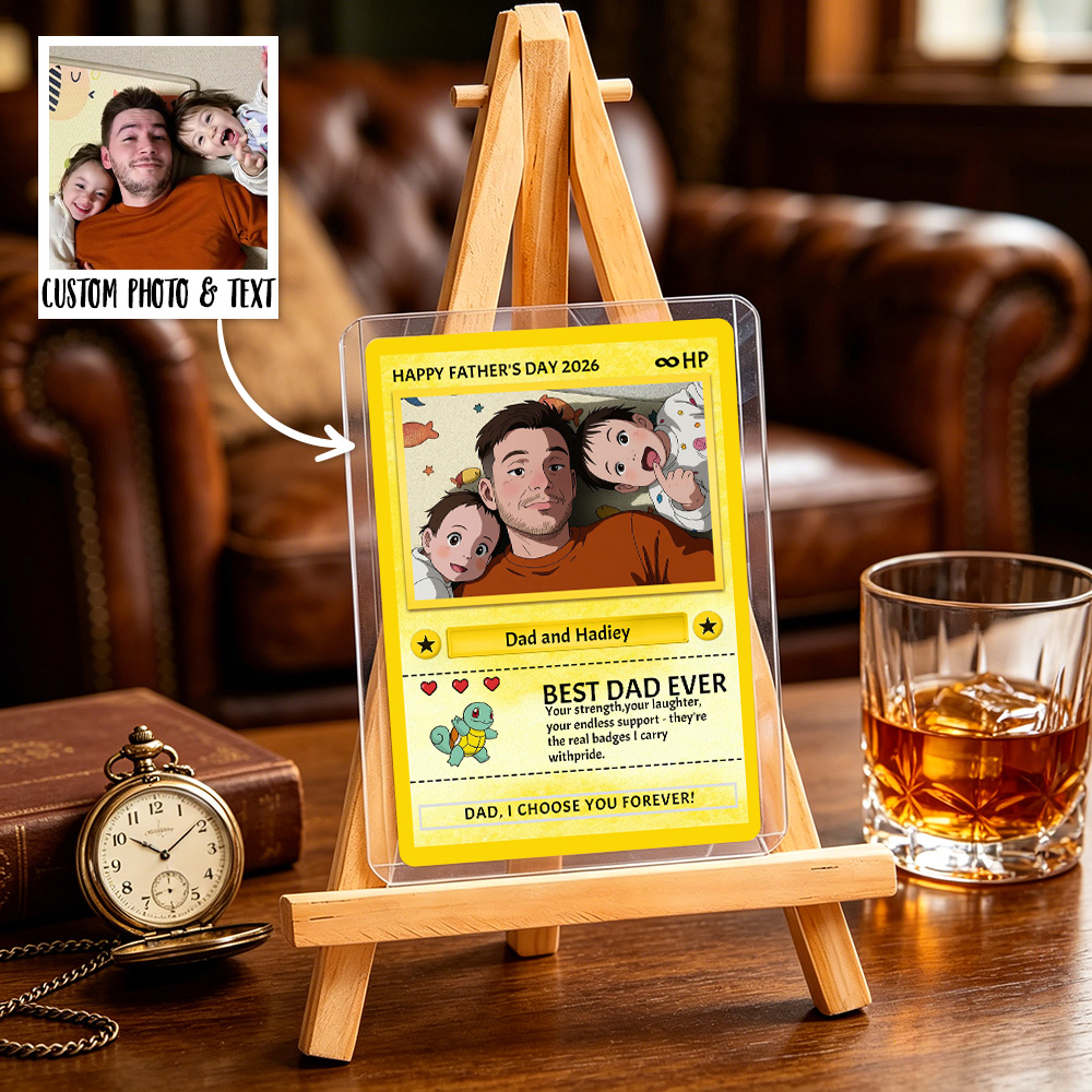 Personalised Father's Day Card - Custom Dad Trading Card with Photo & Names - "Best Dad Ever" Unique Gift for Dad, Grandpa, Husband - Poke Style Collectible Plaque for Father's Day 2026