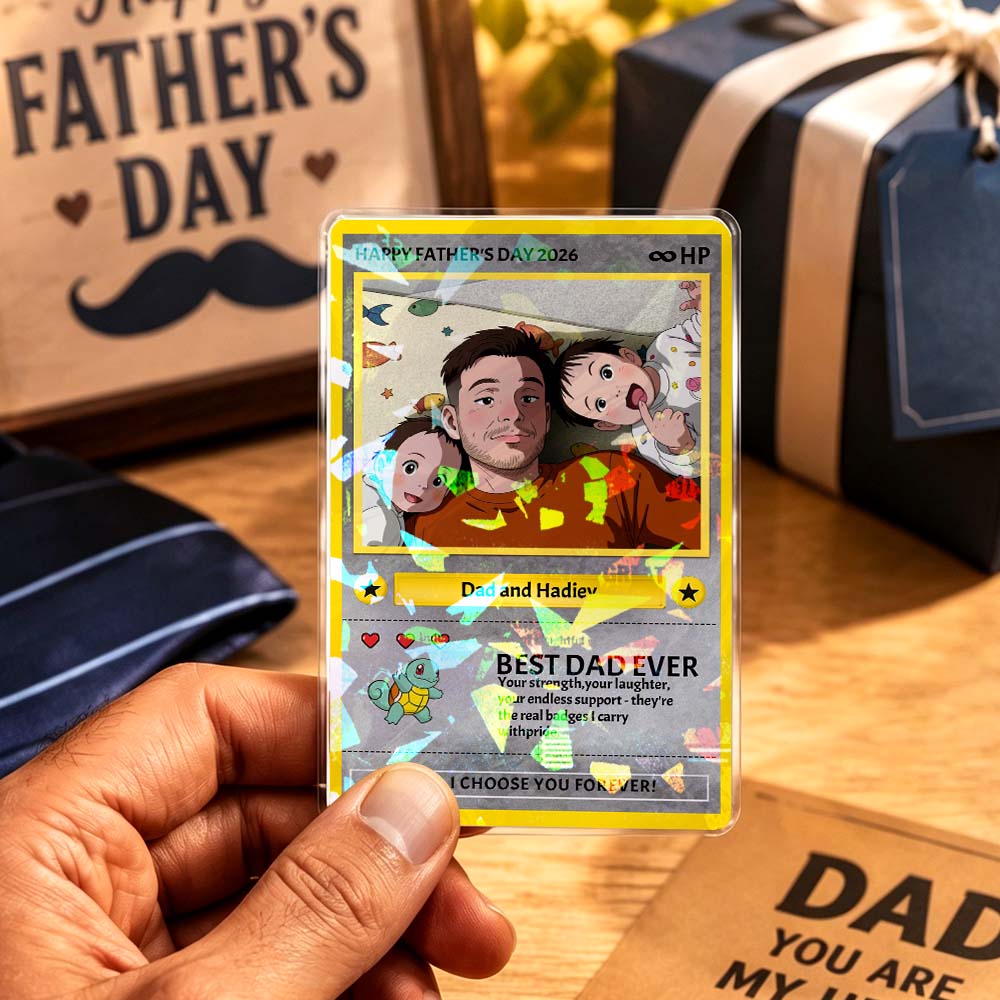 Personalised Father's Day Card - Custom Dad Trading Card with Photo & Names - "Best Dad Ever" Unique Gift for Dad, Grandpa, Husband - Poke Style Collectible Plaque for Father's Day 2026
