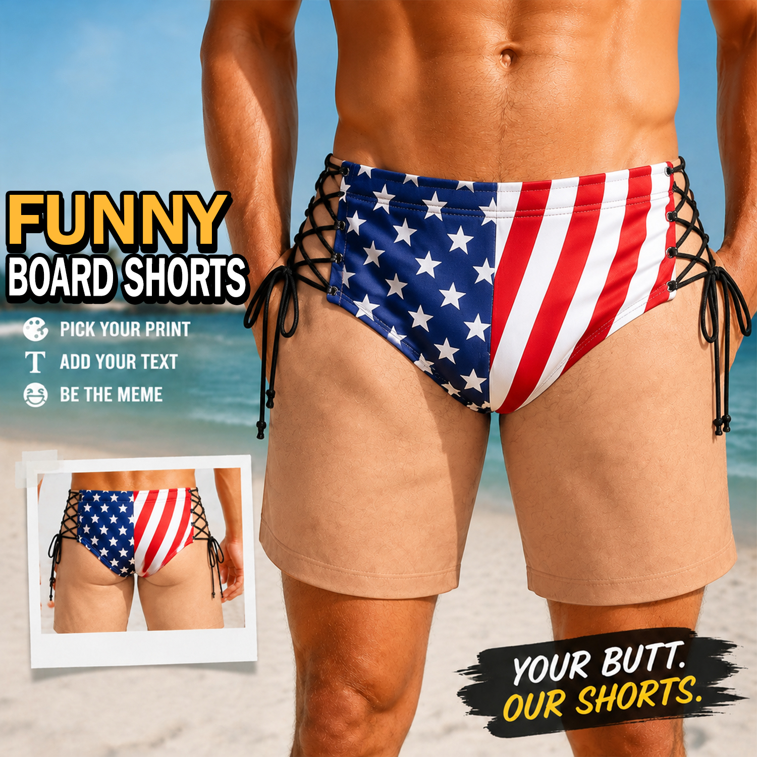 Custom Funny Fake Speedo Men Swim Trunks Personalized Printed American Flag Fake Bikini Swim Trunks Hilarious Beachwear Gift for Him - CustomCardverseUK