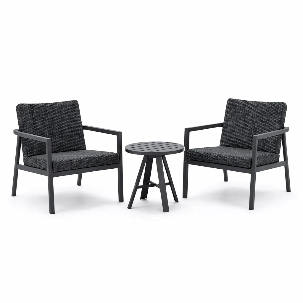 Ensemble de détente résine tressée noire et aluminium avec 2 fauteuils et 1 table ronde-dreamnookzz
