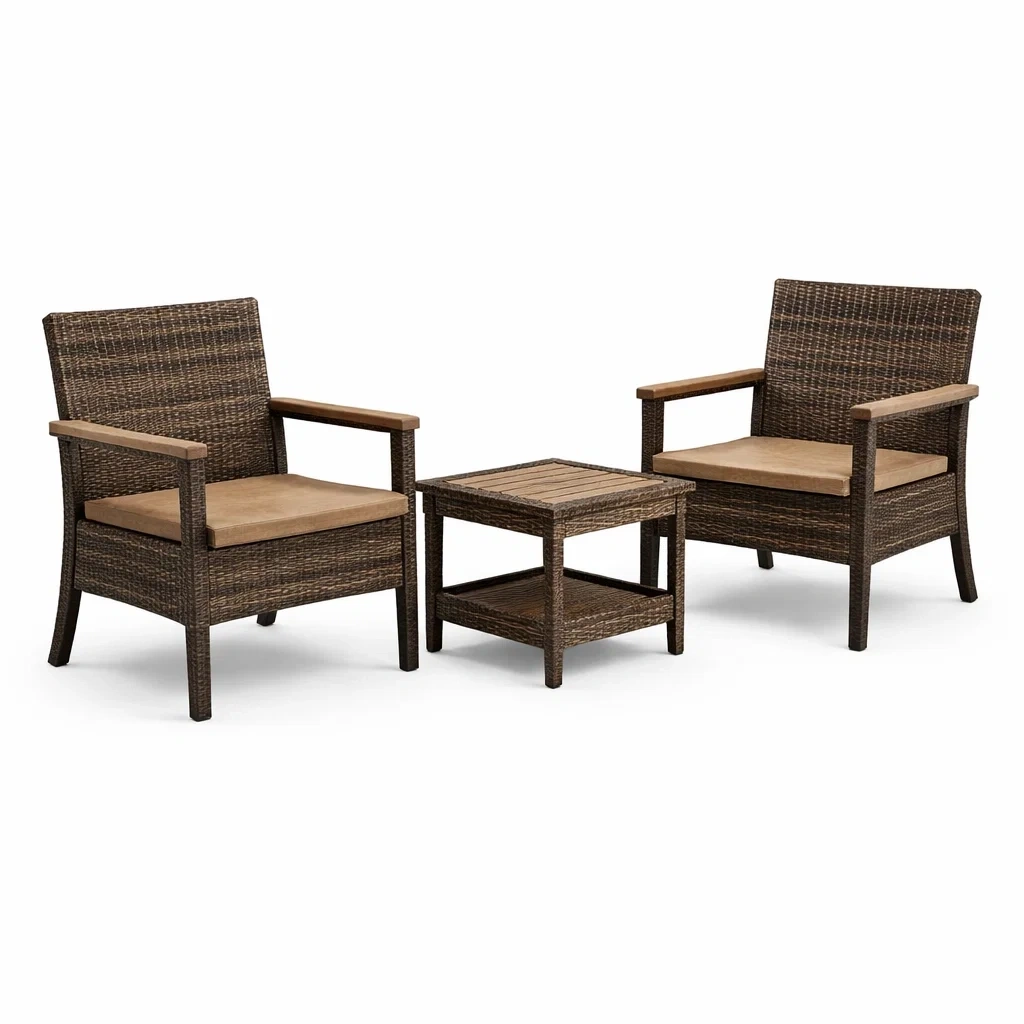 Ensemble de détente 3 pièces en rotin avec coussins marron-dreamnookzz