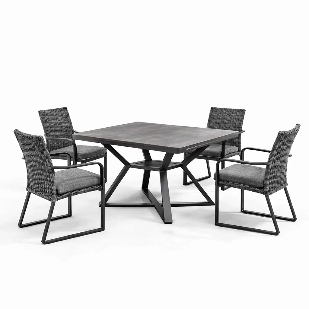 Ensemble table et chaises table carrée en aluminium avec plateau composite et 4 chaises en résine tressée avec coussins gris-dreamnookzz