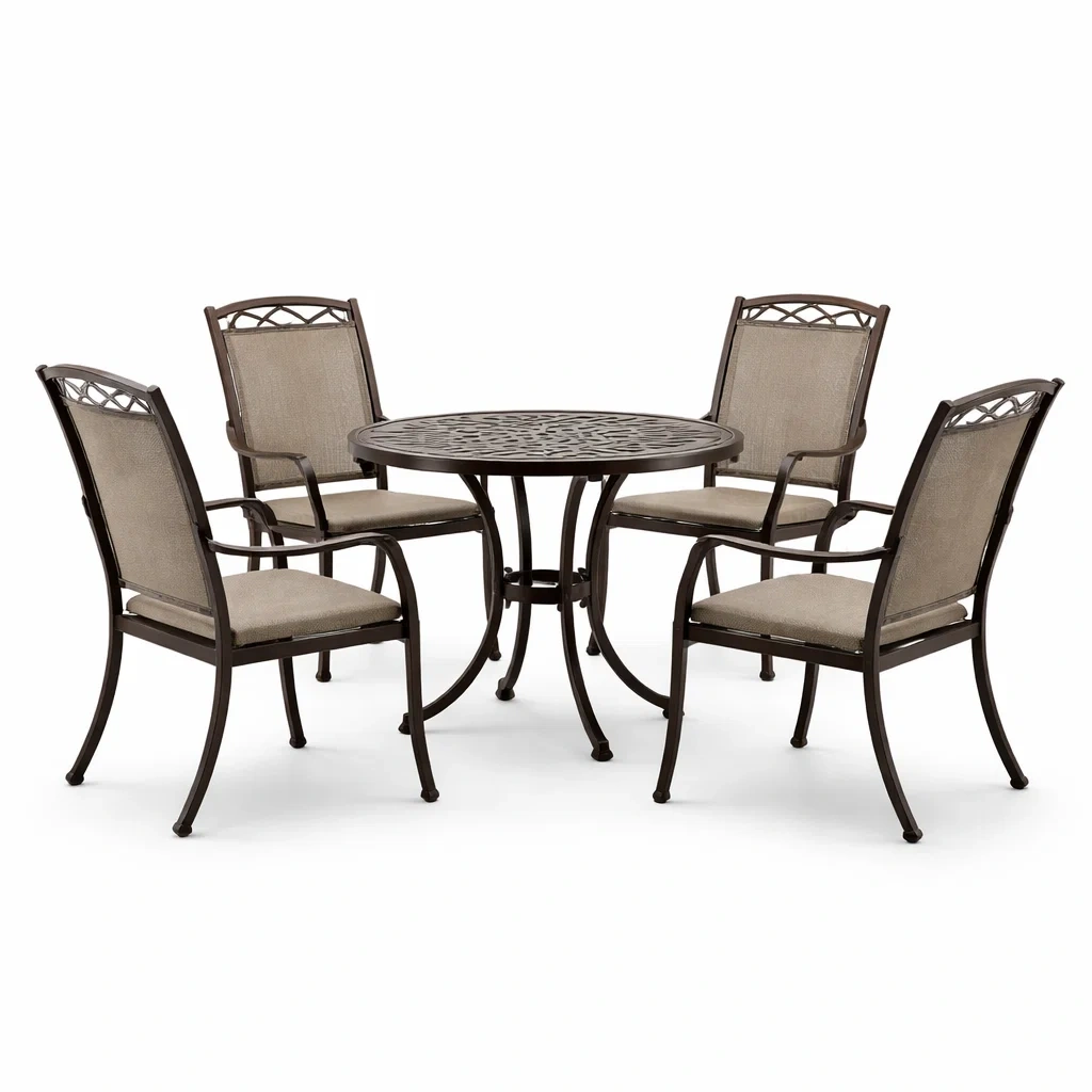 Ensemble table et chaises métal avec table ronde et 4 chaises en tissu beige-dreamnookzz