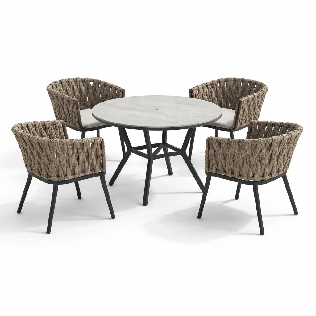 Ensemble table et chaises extérieur table ronde en béton avec 4 chaises en corde-dreamnookzz
