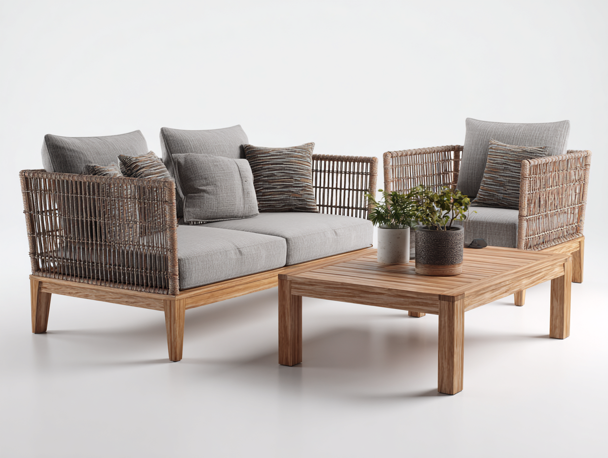 Gartensofa Set Rattan Holz 210x90x75 cm - Natur-Grau - modernes Design-Sofagetmart