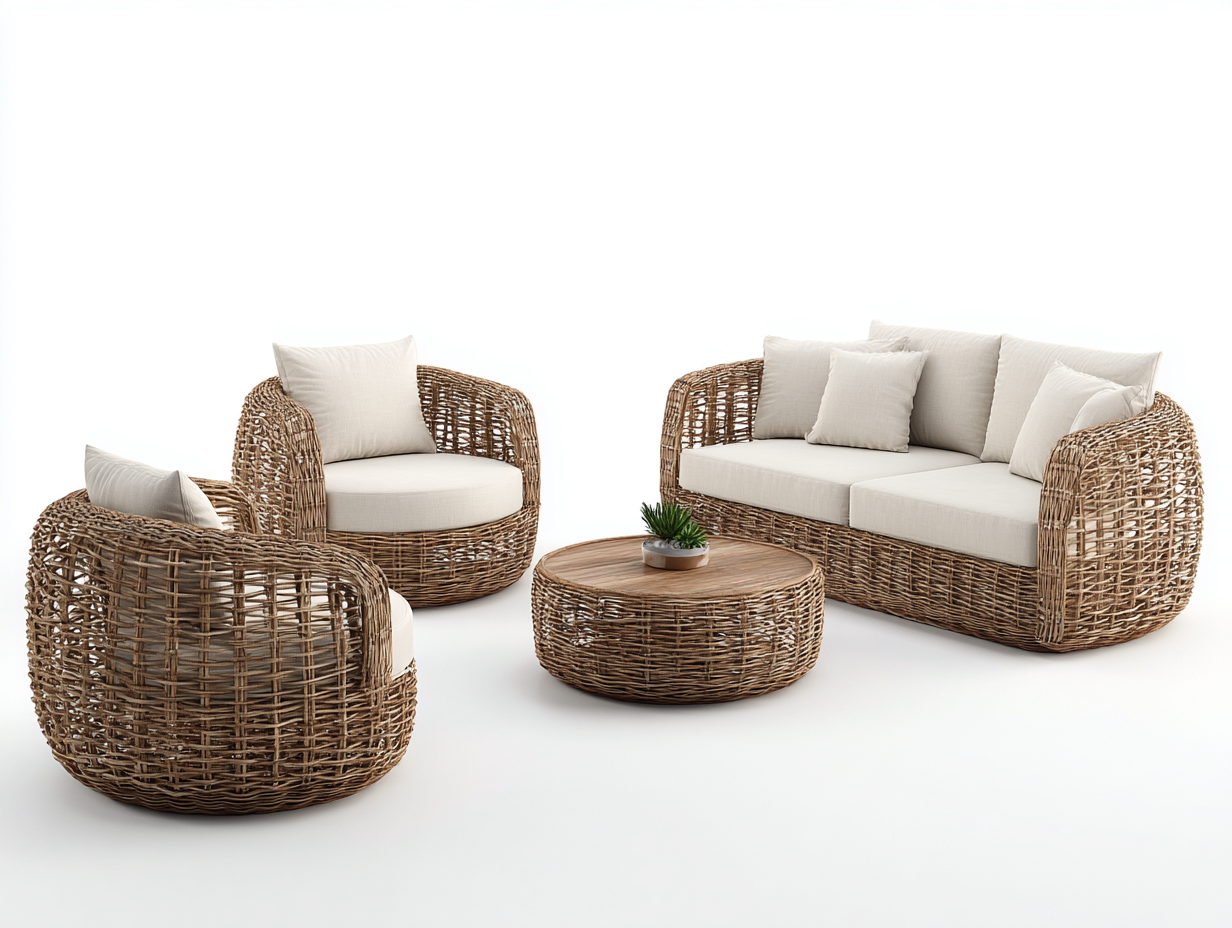 Gartensofa Set Rattan Holz 220x90x75 cm - Natur-Beige - modernes Design-Sofagetmart