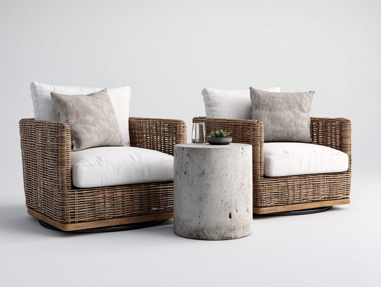 Gartensessel Set Rattan Holz 85x85x80 cm Sessel 40x40x45 cm Tisch Natur Weiß für Garten und Terrasse - natürlicher Stil-Sofagetmart