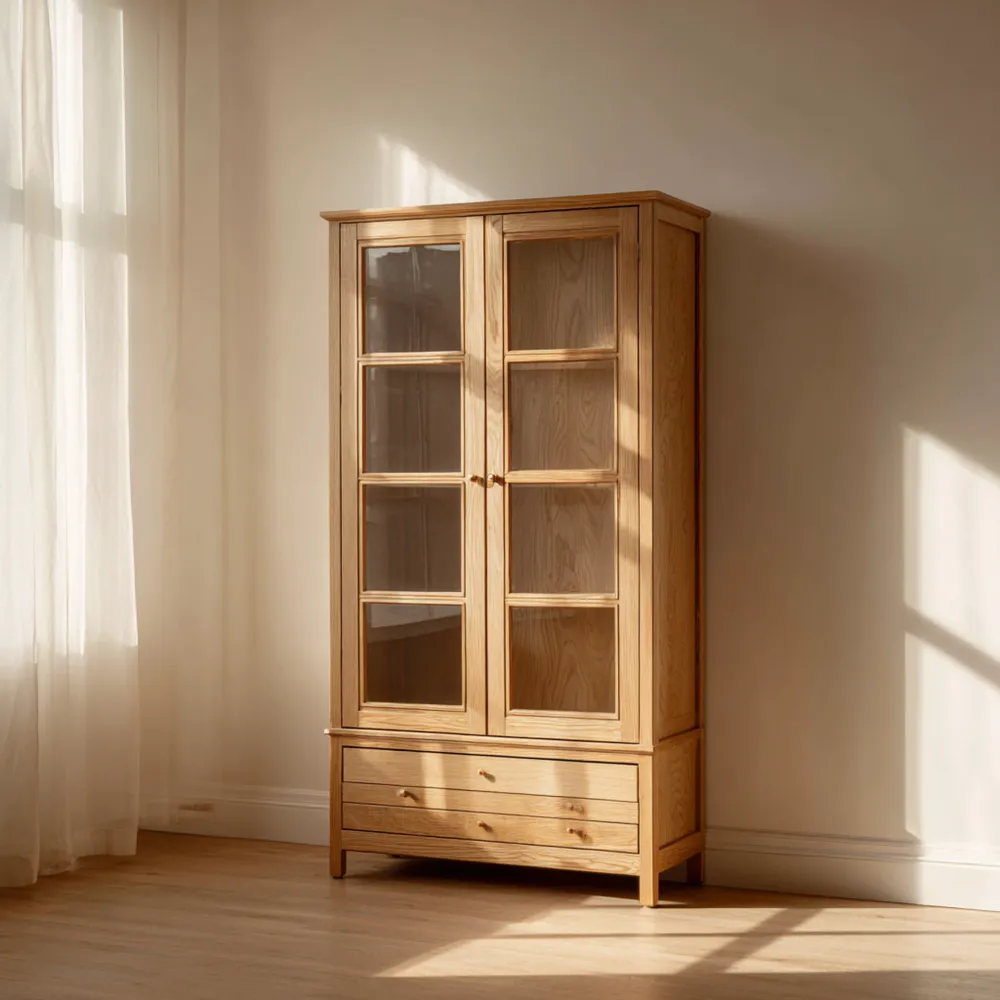 Vetrina in Legno Massello con Ante in Vetro 180x80x40 cm – Naturale – Design Classico