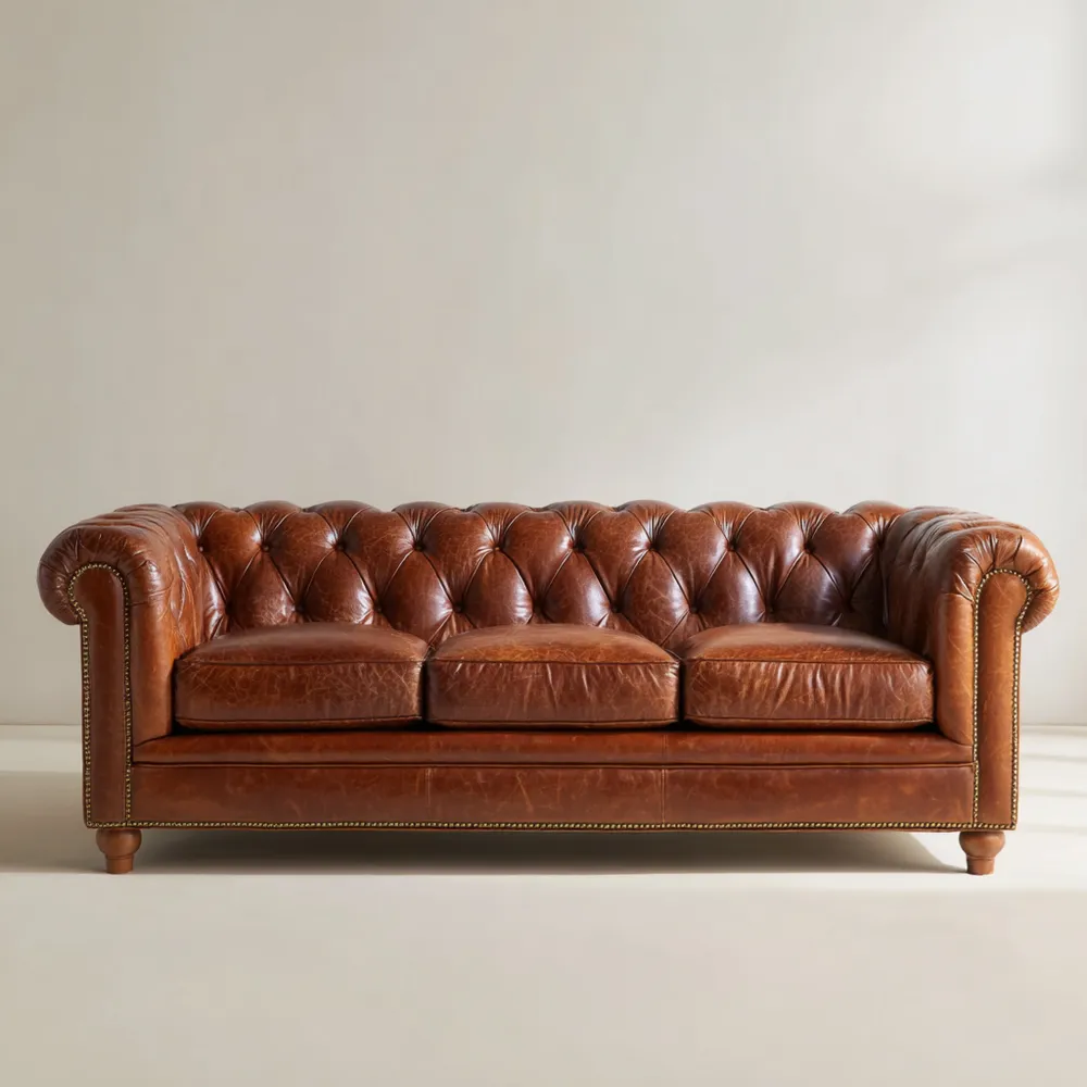 Divano a tre posti in pelle 210x85x75 cm - Marrone - Design classico