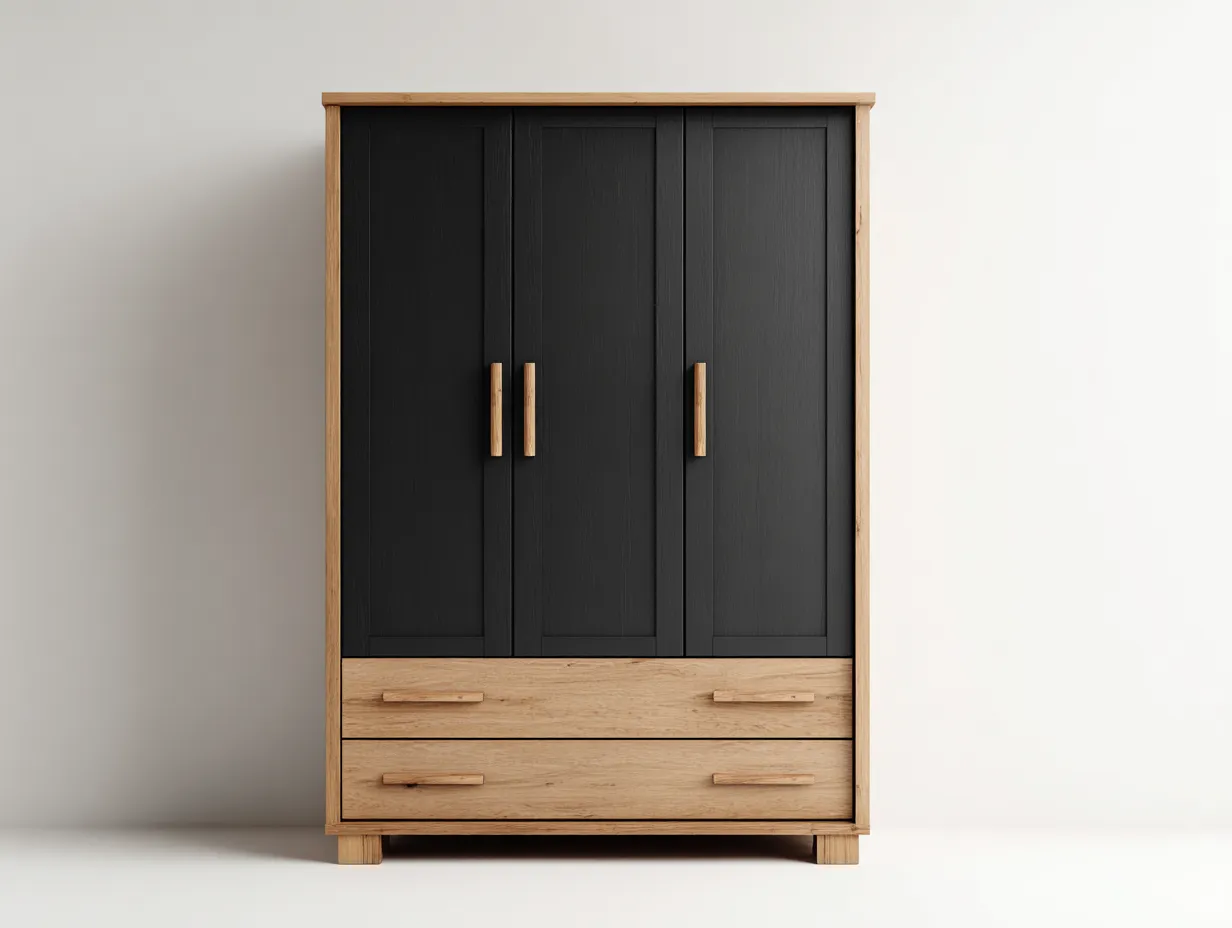 Armoire 3 portes - bois-métal - 118x54x185 cm - noir-chêne naturel - style contemporain-Dengoio