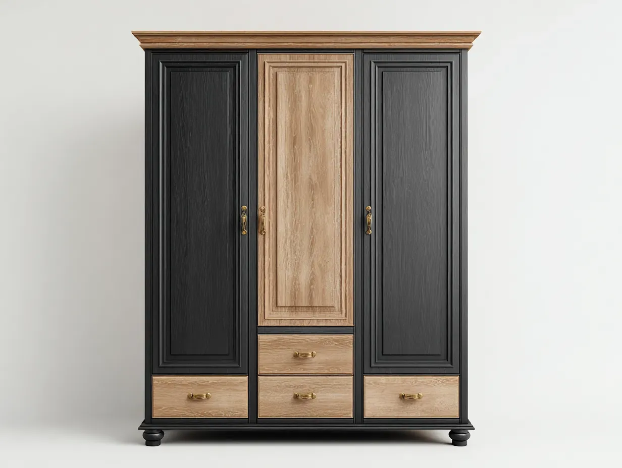 Armoire 3 portes - bois-métal - 132x56x190 cm - noir-chêne naturel - style classique-Dengoio