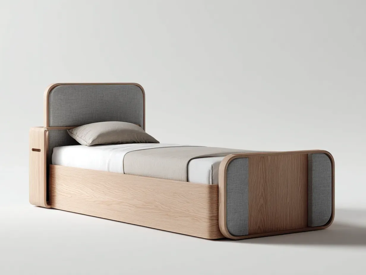 Lit simple - Bois-Tissu - 198x92x88 cm - Gris-Bois naturel - Style contemporain-Homimyly