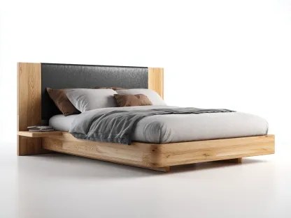 Lit double - Bois-Tissu - 210x160x90 cm - Naturel-Gris - Style contemporain-Homimyly