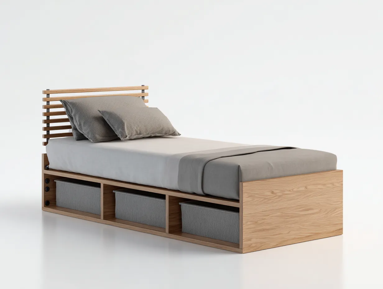 Lit simple - Bois-Tissu - 202x96x85 cm - Gris-Bois naturel - Style contemporain-Homimyly