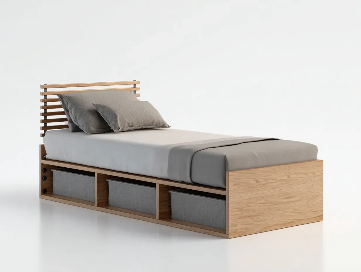 Lit simple - Bois-Tissu - 202x96x85 cm - Gris-Bois naturel - Style contemporain-Homimyly