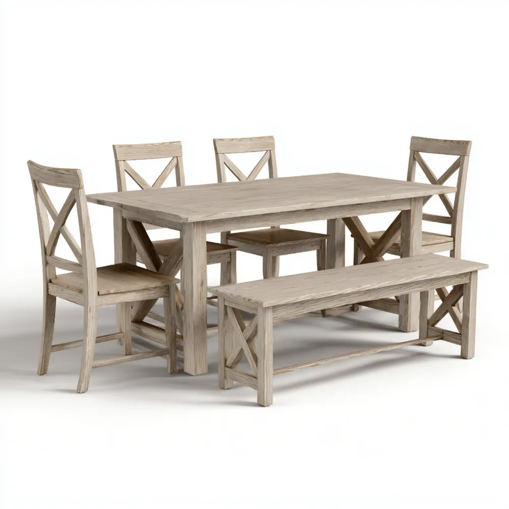 Ensemble table et chaises en bois massif 180x90x75 cm - 6 places - Bois Naturel - Style rustique