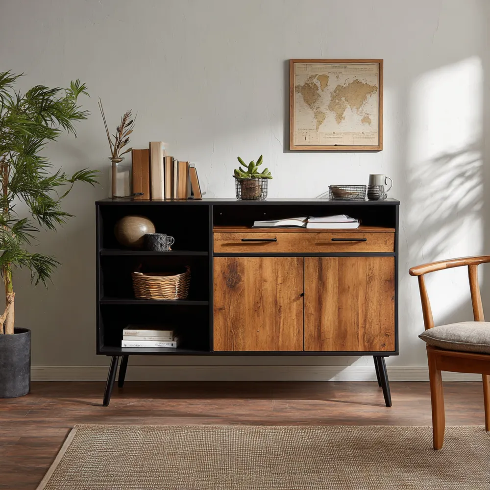 Credenza in legno MDF 120x40x80 cm – Nero/Rovere – Stile Industriale