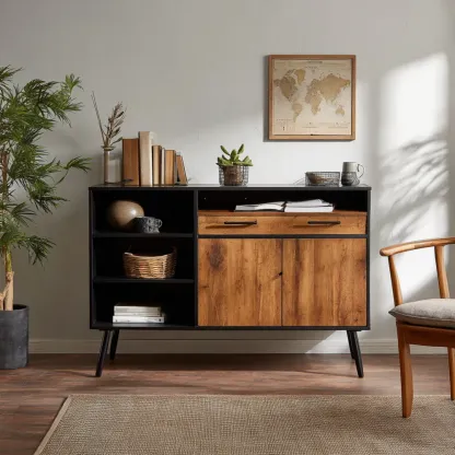 Credenza in legno MDF 120x40x80 cm – Nero/Rovere – Stile Industriale