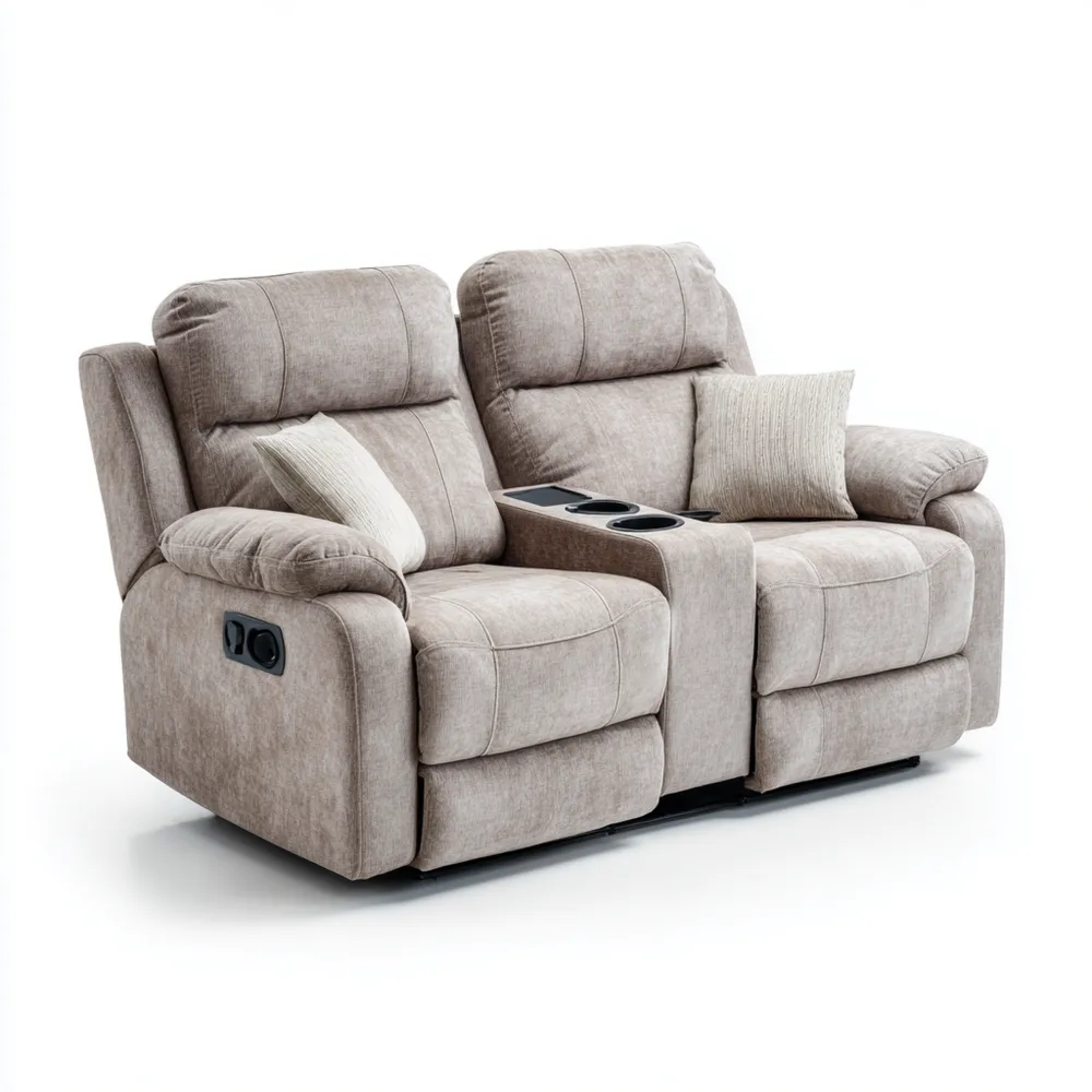 Divano due posti reclinabile 150x90x100 cm tessuto Beige con portabicchieri - Design moderno