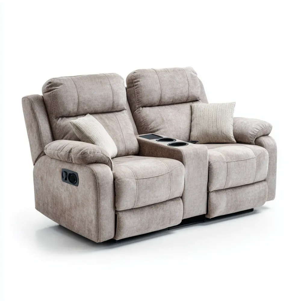 Divano due posti reclinabile 150x90x100 cm tessuto Beige con portabicchieri - Design moderno