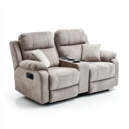 Divano due posti reclinabile 150x90x100 cm tessuto Beige con portabicchieri - Design moderno