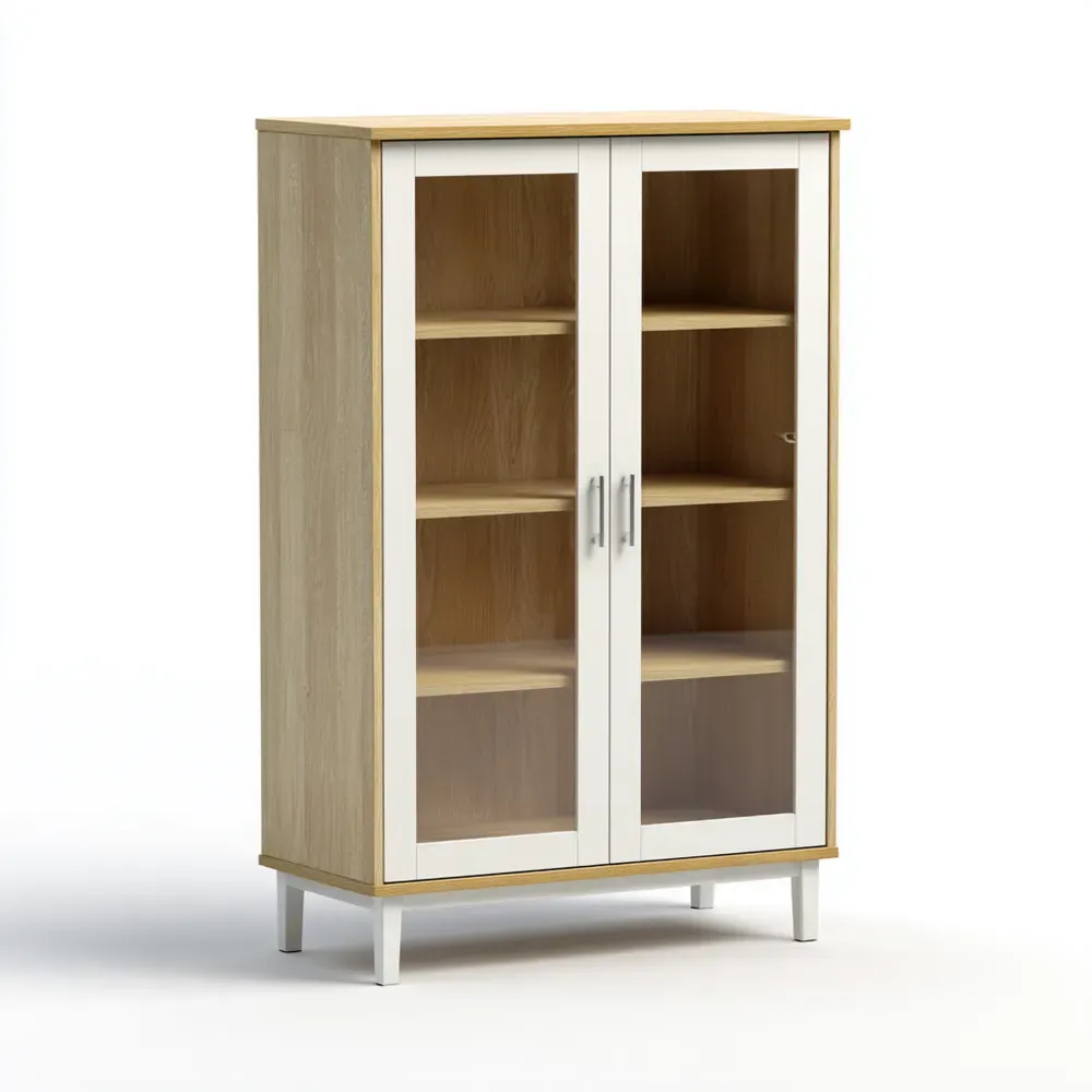 Mobile decorativo in legno con ante in vetro 80x40x120 cm - Bianco/Naturale - Stile moderno