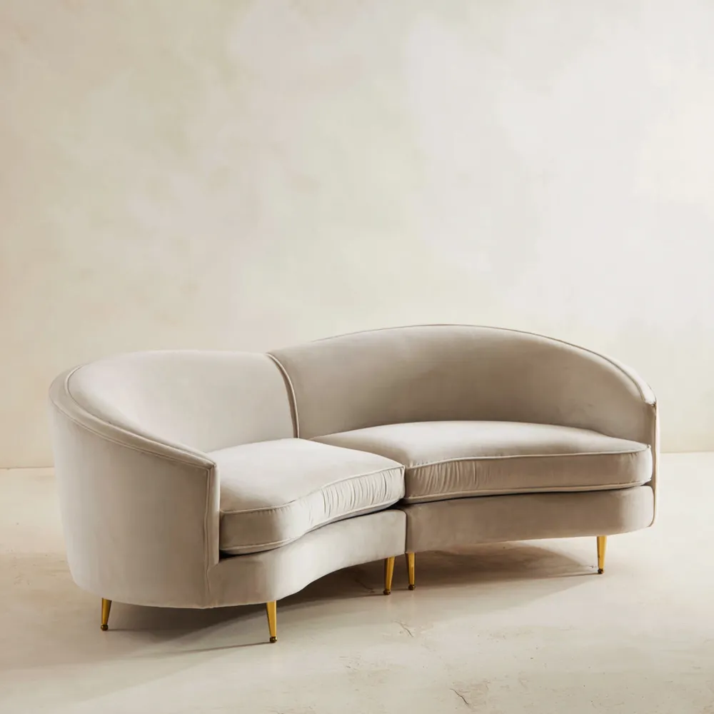 Divano Due Posti 180x85x75 cm Velluto Crema Design Curvo