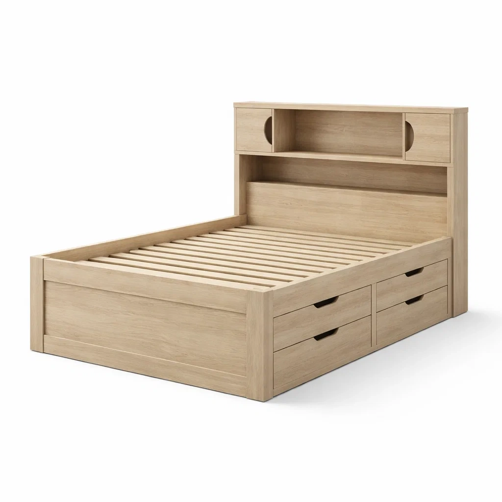 Letto contenitore matrimoniale in legno chiaro pino con ripiani e cassetti-PLUSHCRAFTSPACE