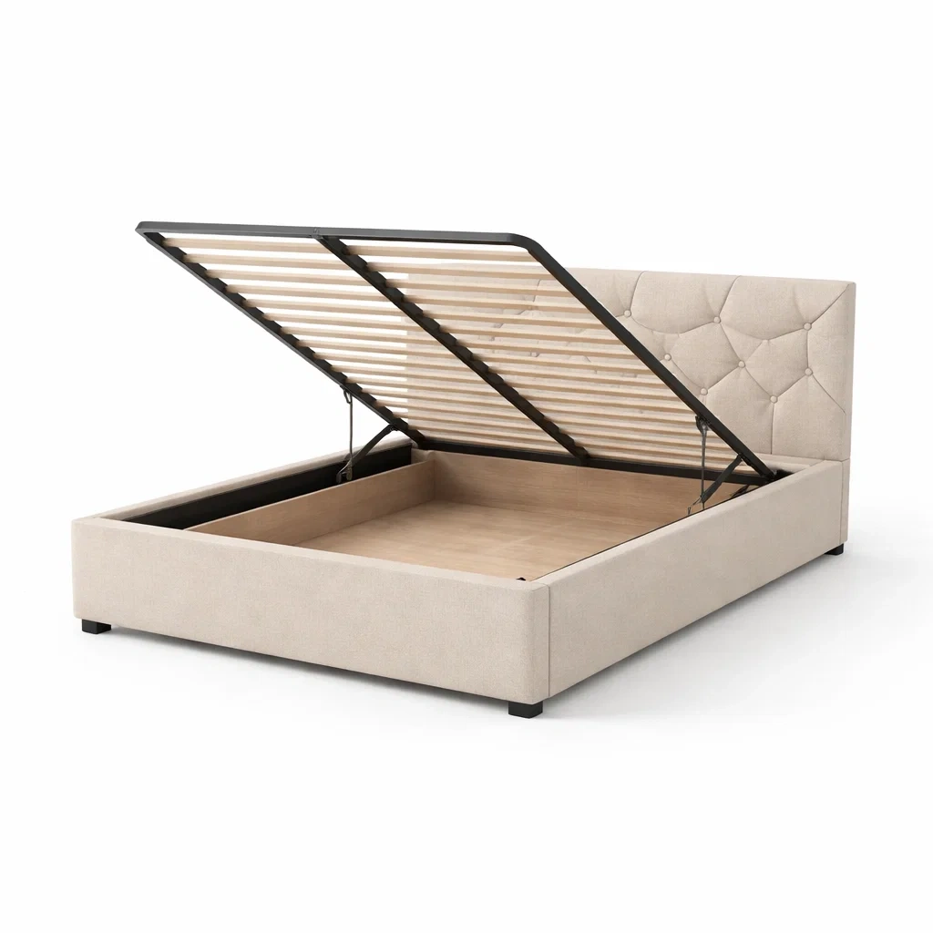 Letto contenitore imbottito in tessuto beige dimensioni 160 x 200 x 120 cm-PLUSHCRAFTSPACE