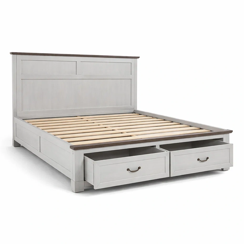 Letto matrimoniale in legno con cassetti bianco e marrone dimensioni 200 x 160 x 110 cm-PLUSHCRAFTSPACE