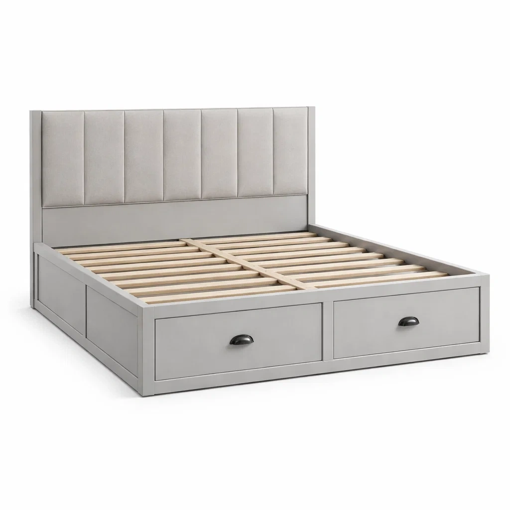 Letto matrimoniale grigio in legno con testiera imbottita e cassetti dimensioni 200 x 160 x 110 cm-PLUSHCRAFTSPACE