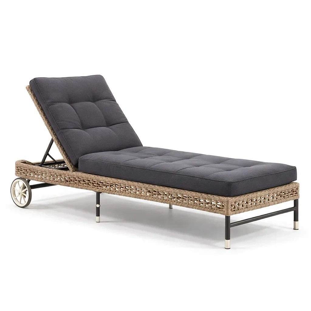 Sdraio prendisole regolabile in metallo e rattan sintetico con cuscino grigio-PLUSHCRAFTSPACE