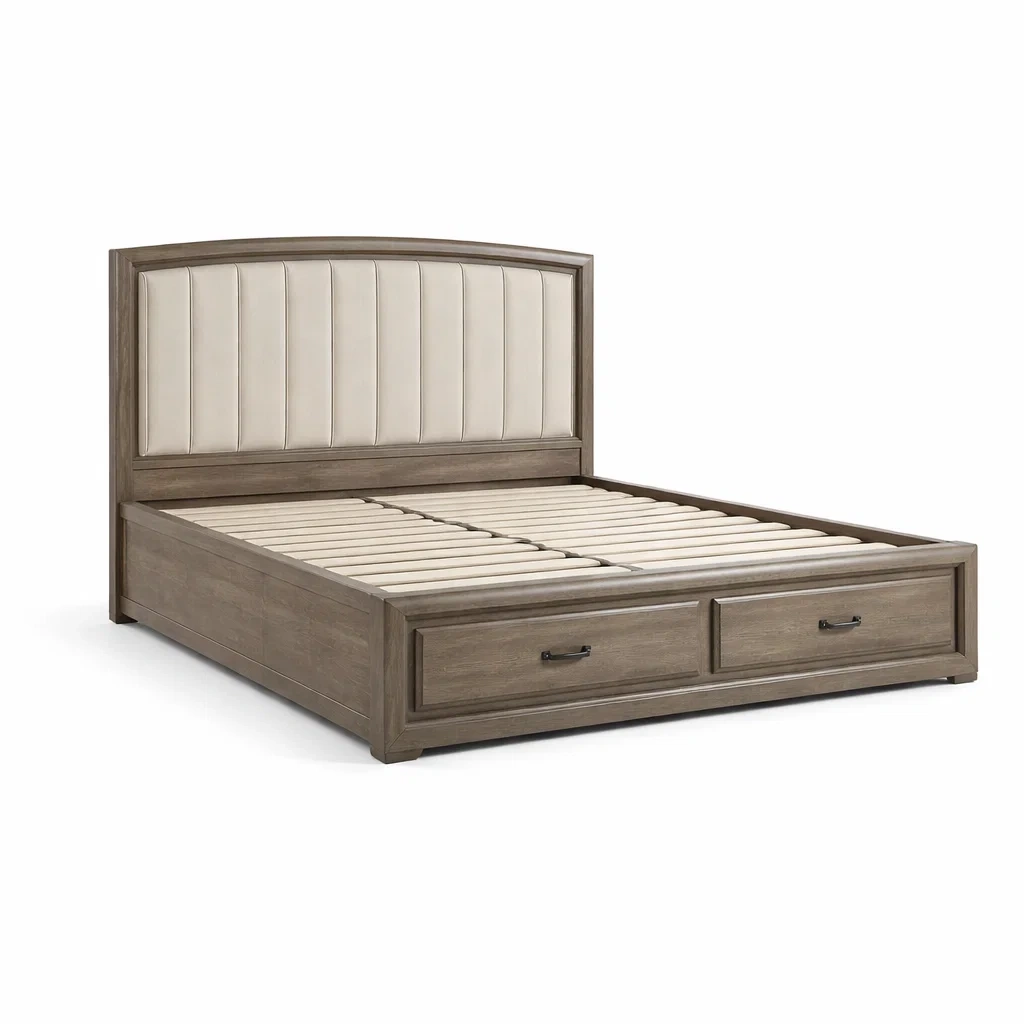 Letto matrimoniale in legno con testiera in ecopelle crema e cassetti-PLUSHCRAFTSPACE