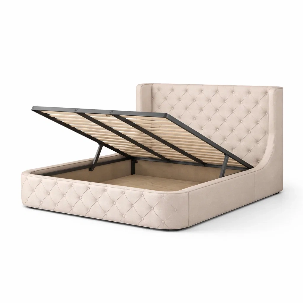 Letto contenitore matrimoniale in velluto beige dimensioni 160 x 200 x 110 cm-PLUSHCRAFTSPACE