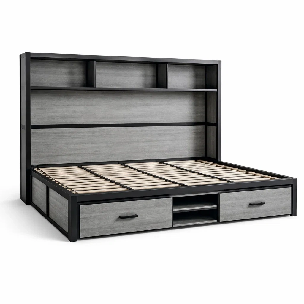Letto matrimoniale con testiera a scaffali in legno e metallo con cassetti-PLUSHCRAFTSPACE