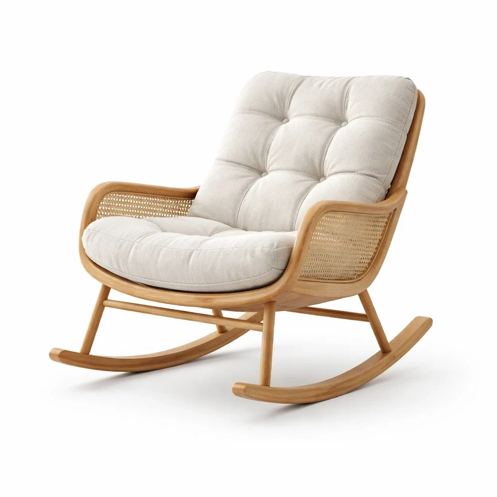 Sedia a dondolo in legno con cuscini in tessuto beige-PLUSHCRAFTSPACE