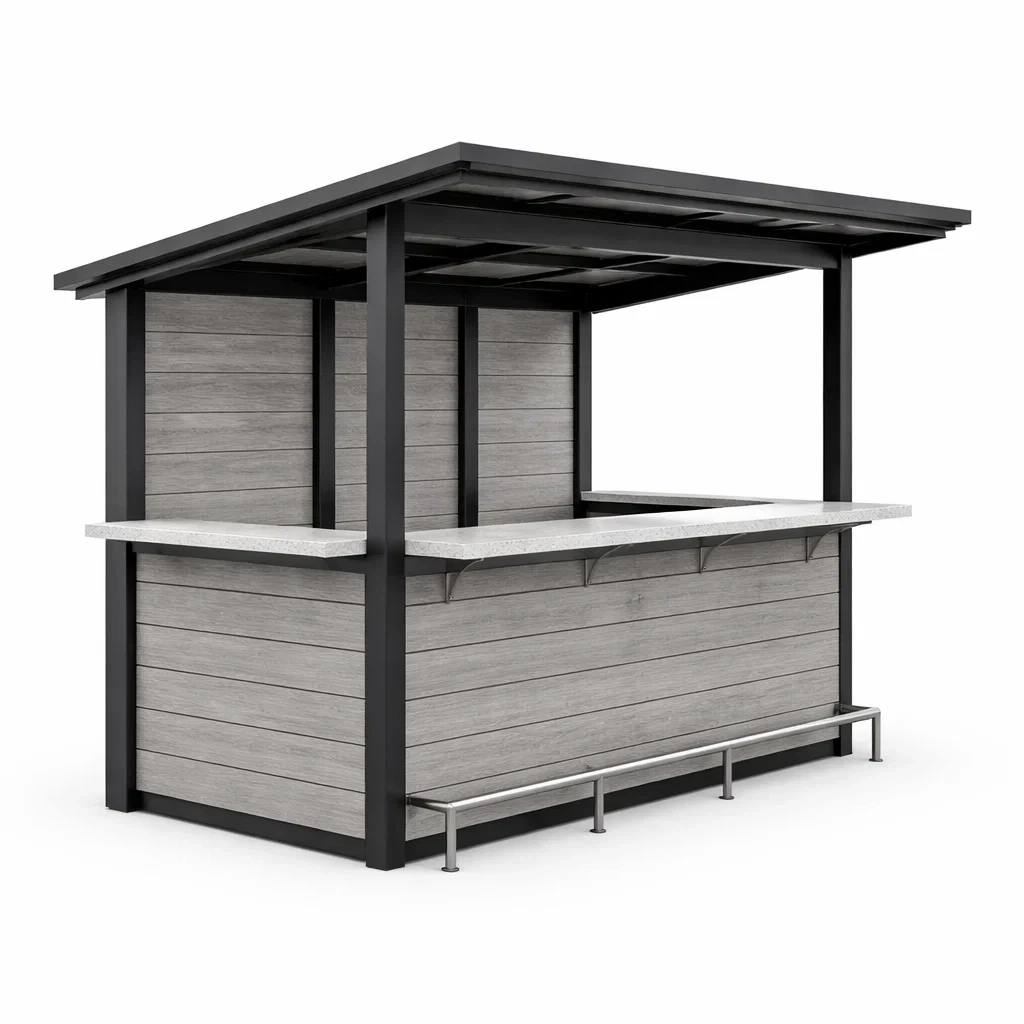 Padiglione bar da giardino in alluminio e legno con tettoia grigia-PLUSHCRAFTSPACE