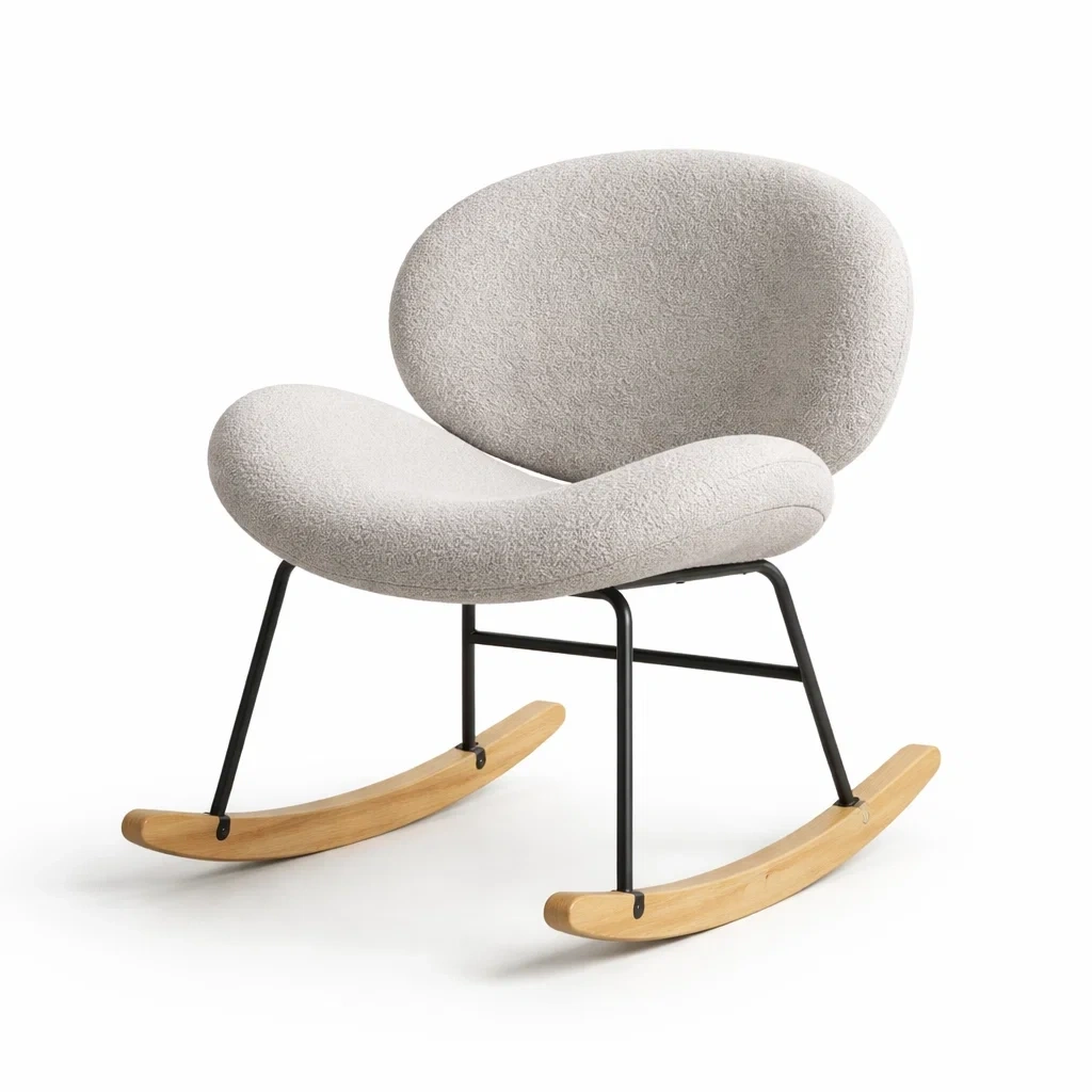 Sedia a dondolo in tessuto poliestere grigio chiaro con struttura in metallo e legno-PLUSHCRAFTSPACE