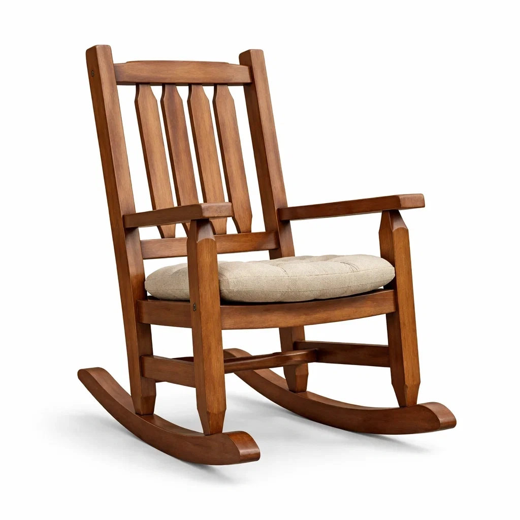 Sedia a dondolo in legno con cuscino beige-PLUSHCRAFTSPACE